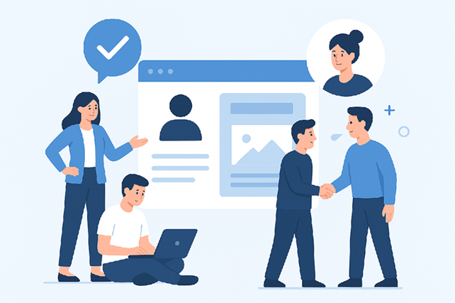 パソコンサポートを依頼する女性と、専門家スタッフのイラスト